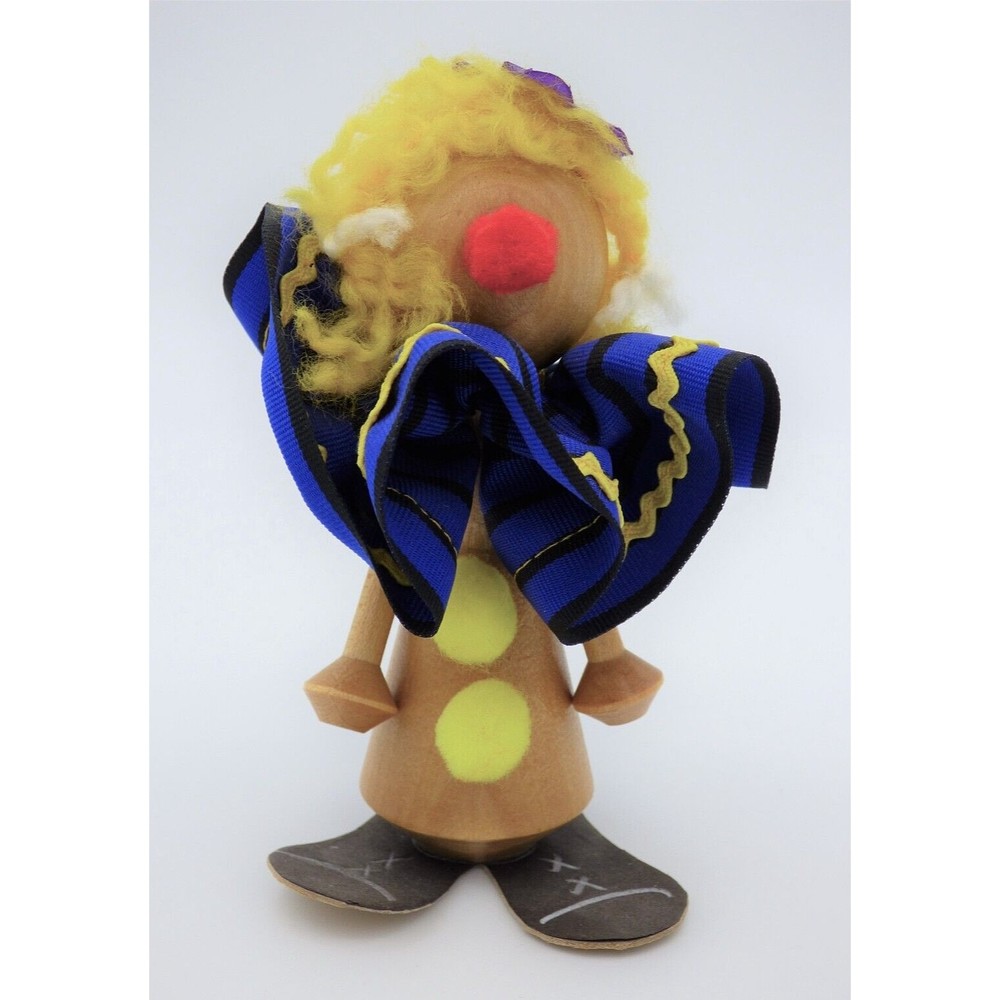 Vintage Female Clown Wooden Figurine Circus Handmade Yarn Hair Pom Poms Unique!